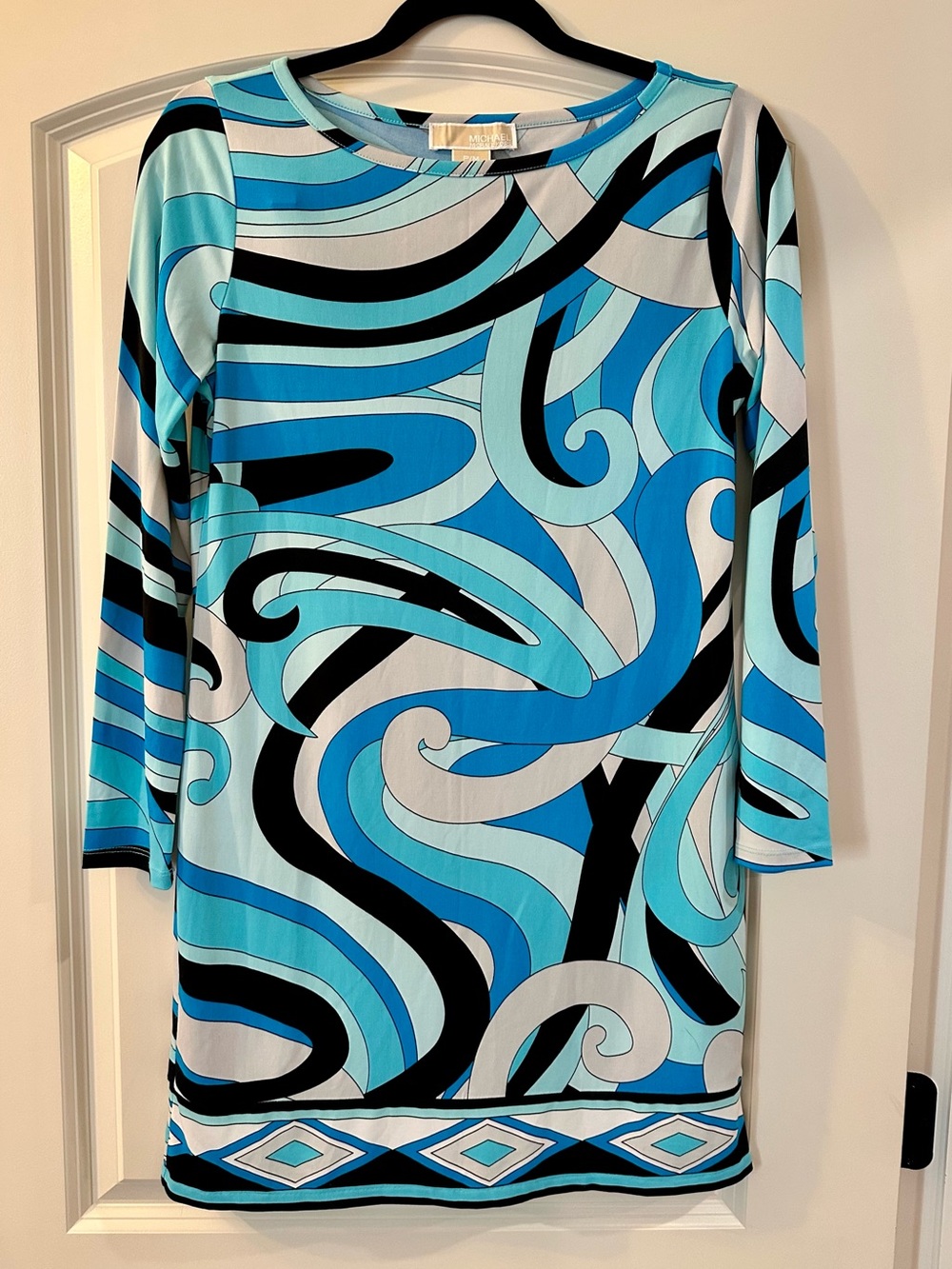 Blue Swirl Print Long Sleeve Shift Dress